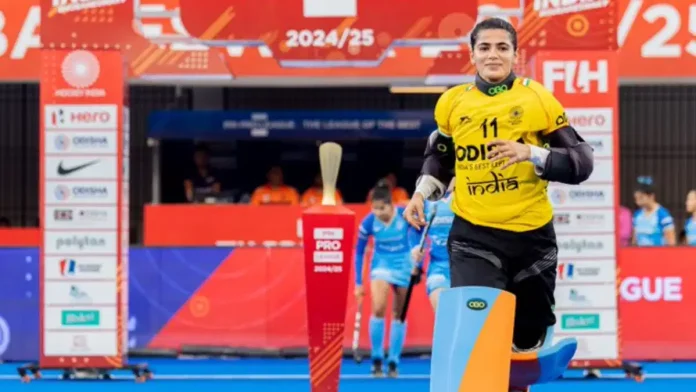 Savita Punia in action during her 300th international hockey match against the Netherlands in the FIH Hockey Pro League at Kalinga Stadium.