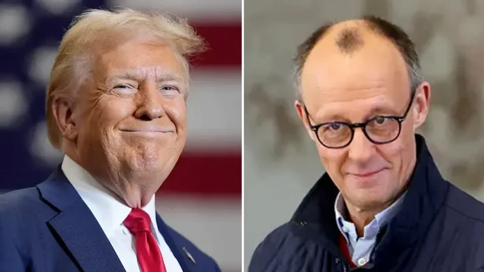 Friedrich Merz addressing supporters after CDU's victory in Germany’s 2024 national election, as Donald Trump praises the conservative shift.